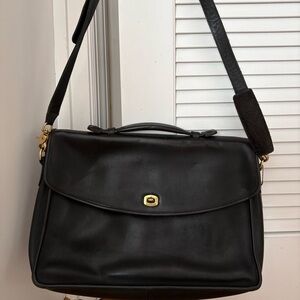 Vintage Coach Black Leather Briefcase with Gold Hardware